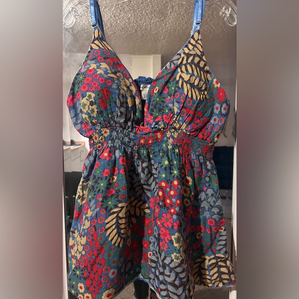 Derek Heart Molded Cup Floral Printed Sleeveless Tunic with Smocked Waist
